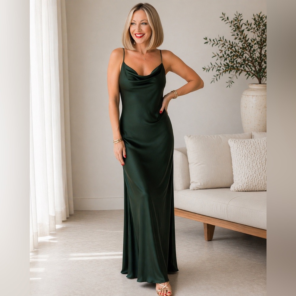 ZARA Hunter Green Satin Slip Dress Midi Cowl Neck Strappy M